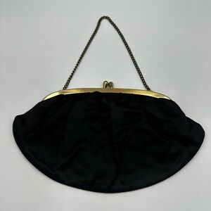 Vintage Black Satin Evening Purse Clutch w/ Gold Tone Frame & Chain Handle